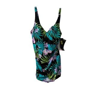 Roxanne Plus Size Bra Fit Swimsuit Black Tropical Print Metallic Gold Sz 18/42D
